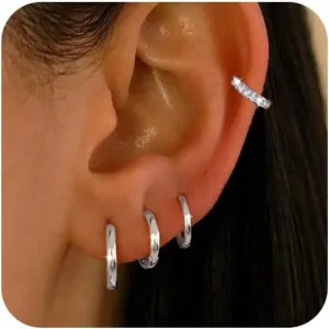 Small Silver Hoop Earrings for Women, Stering Silver Plated Hypoallergenic Huggie Hoop Earrings Set Trendy Dainty Cartilage Cubic Zirconia Earrings Multiple Piercing Lightweight Jewelry Gift