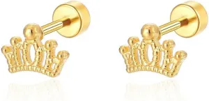 Small Tiny Crown Stud Earring Screw Flat Back Gold Plated Stainless Steel Hypoallergenic Earrings Dainty Cartilage Piercing Jewelry