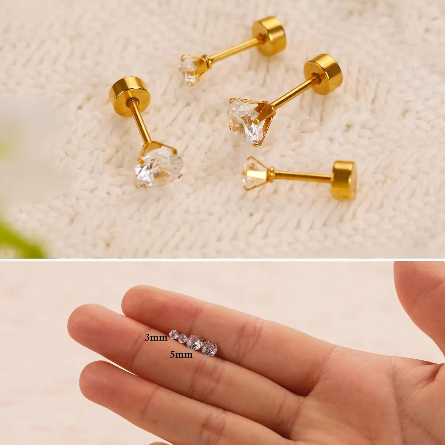 Smilebelle 2 Pairs Gold Flat Back Earrings, Screw Back Earrings Gold Cartilage 14k Gold Stud Earrings Hypoallergenic Tragus Earrings for Women Girls Nap Sleeper Earrings Gold Jewelry Gifts (3 5mm CZ)