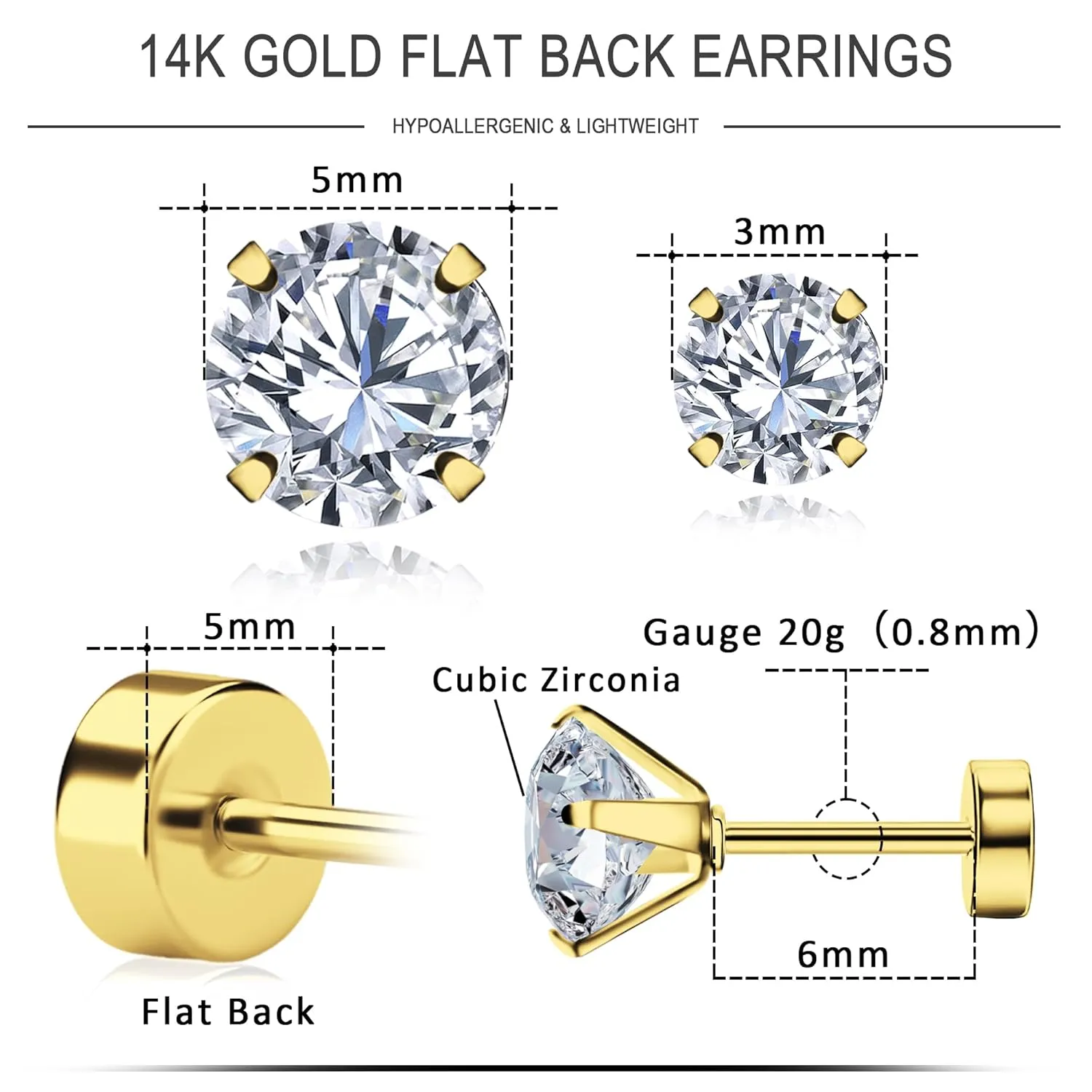 Smilebelle 2 Pairs Gold Flat Back Earrings, Screw Back Earrings Gold Cartilage 14k Gold Stud Earrings Hypoallergenic Tragus Earrings for Women Girls Nap Sleeper Earrings Gold Jewelry Gifts (3 5mm CZ)
