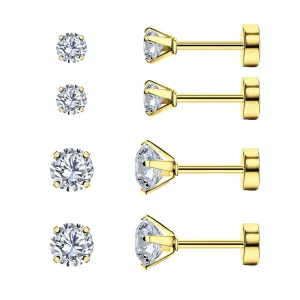 Smilebelle 2 Pairs Gold Flat Back Earrings, Screw Back Earrings Gold Cartilage 14k Gold Stud Earrings Hypoallergenic Tragus Earrings for Women Girls Nap Sleeper Earrings Gold Jewelry Gifts (3 5mm CZ)