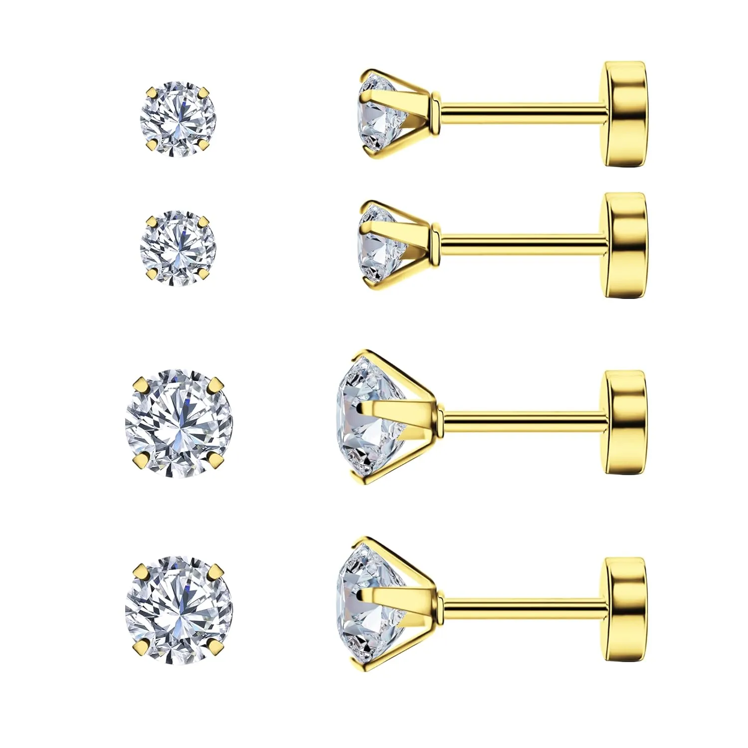 Smilebelle 2 Pairs Gold Flat Back Earrings, Screw Back Earrings Gold Cartilage 14k Gold Stud Earrings Hypoallergenic Tragus Earrings for Women Girls Nap Sleeper Earrings Gold Jewelry Gifts (3 5mm CZ)