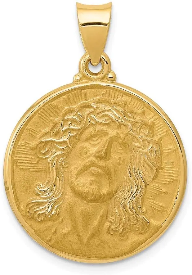 Solid 14K Yellow Gold Polished And Satin Face Of Jesus Medal Pendant (0.83 x 0.94 Inches)