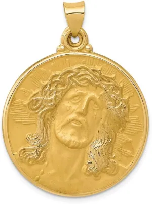 Solid 14K Yellow Gold Polished And Satin Face Of Jesus Medal Pendant (1.1 x 1.3 Inches)