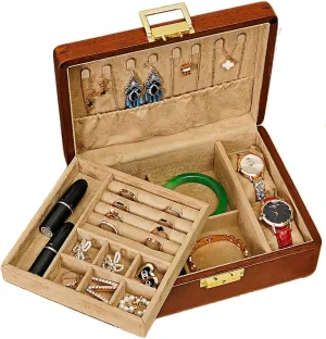 Solid Walnut Wood Jewelry Organizer Box with Lock,2-Layer Vintage Jewelry Box for Men Women, Velvet-Lined Storage for Earrings Rings Necklaces Bracelets Watches Perfect Father Day Gift Khaki