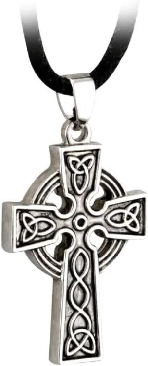 Solvar Mens Celtic Cross Necklace Stainless Steel Pewter Finish 20" Black Cord Irish Made