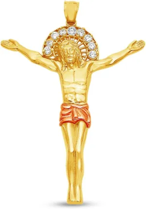 Sonia Jewels 14K Two 2 Tone Rose and Yellow Gold Diamond-Cut Ornate Jesus Christ Hanging Charm Pendant with CZ Cubic Zirconia (56x45 mm)