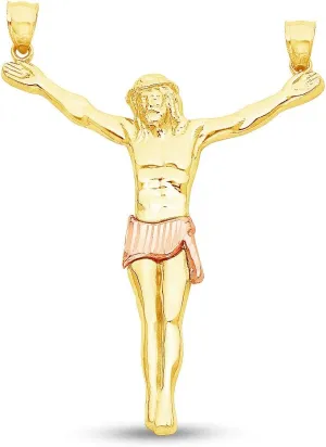 Sonia Jewels 14K Two 2 Tone Rose and Yellow Gold Diamond-Cut Ornate Religious Jesus Christ Hanging Charm Pendant (60x48 mm)
