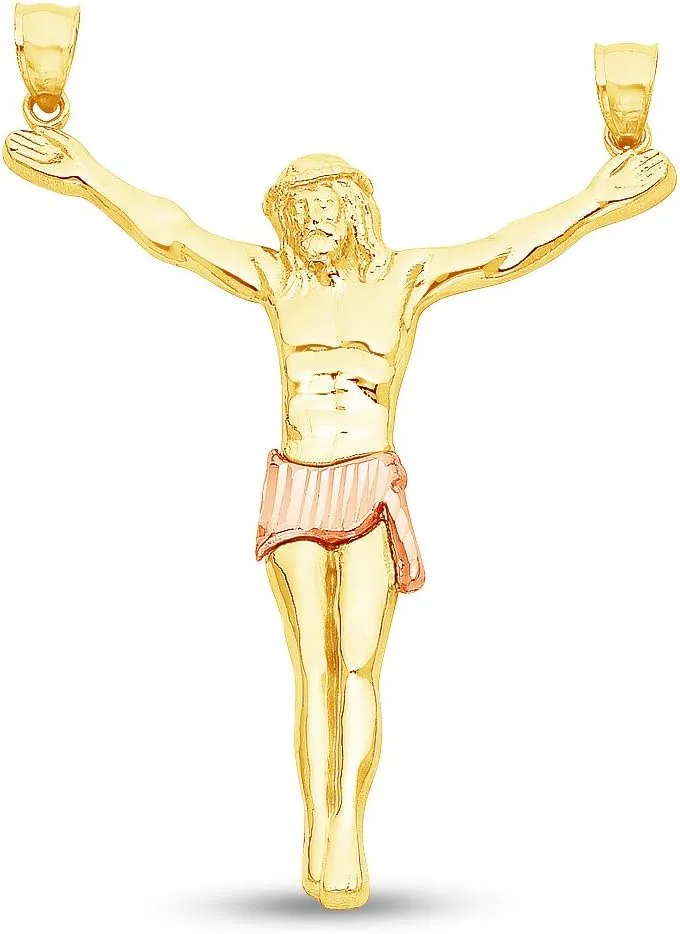 Sonia Jewels 14K Two 2 Tone Rose and Yellow Gold Diamond-Cut Ornate Religious Jesus Christ Hanging Charm Pendant (60x48 mm)