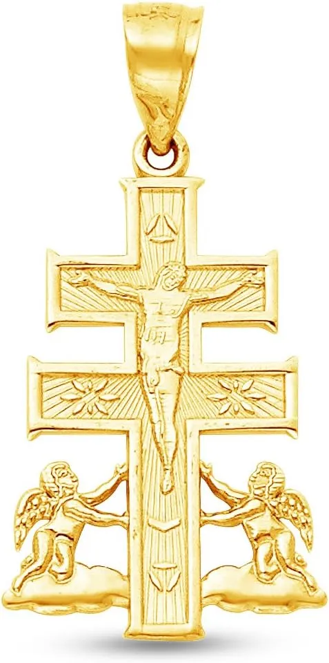 Sonia Jewels 14K Yellow Gold Ornate Religious Catholic Caravaca Crucifix Cross Charm Pendant with Cherub Angel Accents (28x15 mm)