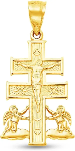 Sonia Jewels 14K Yellow Gold Ornate Religious Catholic Caravaca Crucifix Cross Charm Pendant with Cherub Angel Accents (28x15 mm)