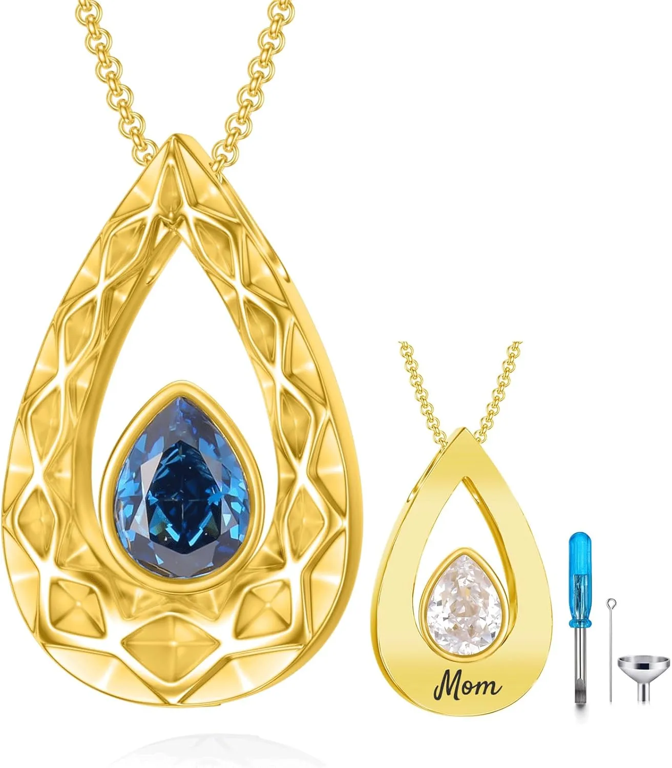 SOULMEET Crushed Ice Cut Simulated Heart Diamond Teardrop Necklace for Ashes, Custom Gold/Silver Teardrop-Shape Birthstone Urn Locket Keepsake Cremation Jewelry for Pet Human Ashes