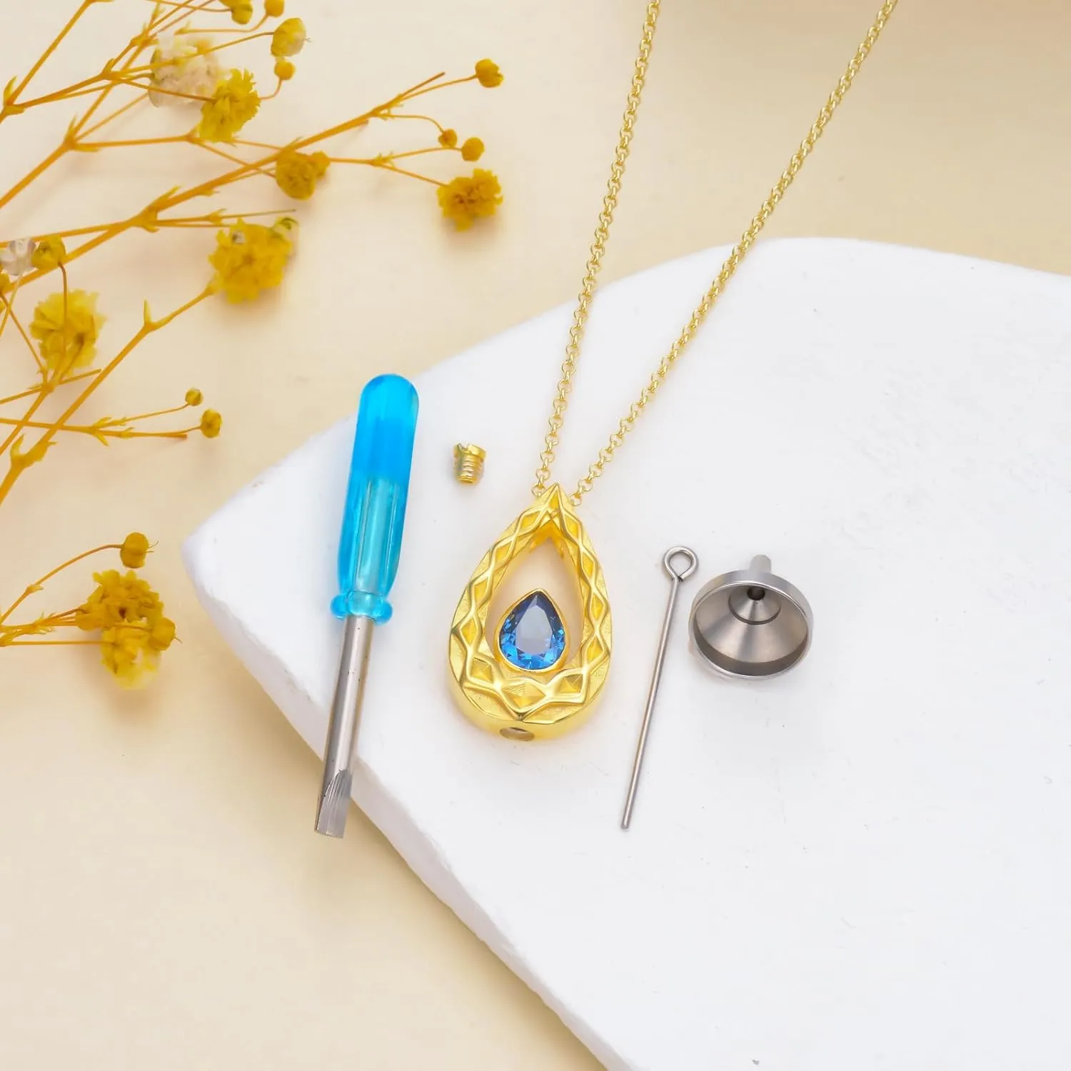 SOULMEET Crushed Ice Cut Simulated Heart Diamond Teardrop Necklace for Ashes, Custom Gold/Silver Teardrop-Shape Birthstone Urn Locket Keepsake Cremation Jewelry for Pet Human Ashes