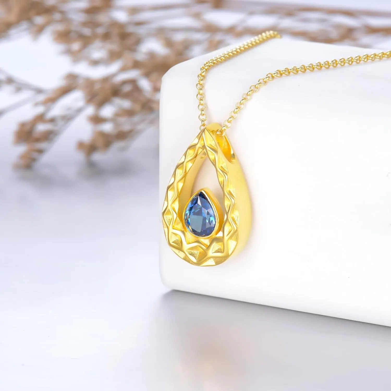 SOULMEET Crushed Ice Cut Simulated Heart Diamond Teardrop Necklace for Ashes, Custom Gold/Silver Teardrop-Shape Birthstone Urn Locket Keepsake Cremation Jewelry for Pet Human Ashes