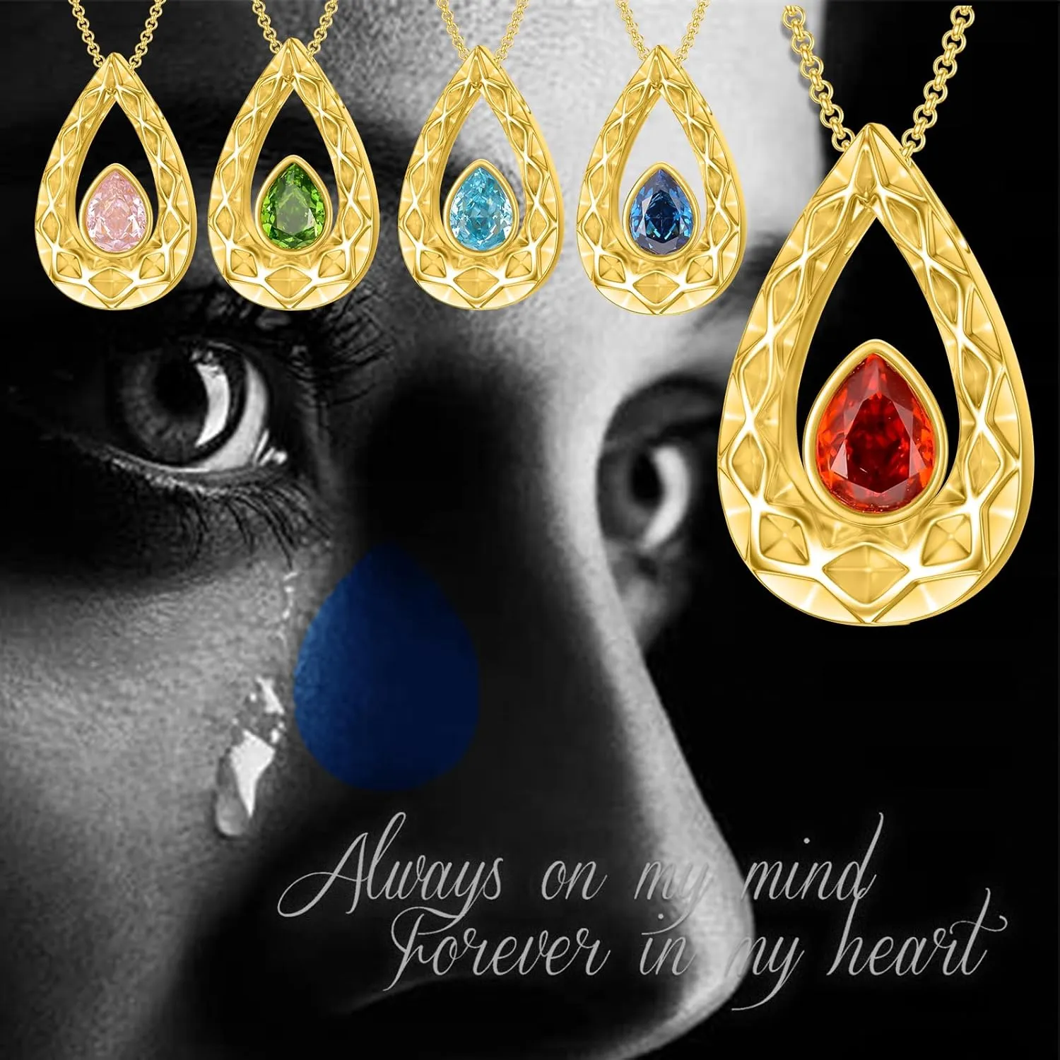 SOULMEET Crushed Ice Cut Simulated Heart Diamond Teardrop Necklace for Ashes, Custom Gold/Silver Teardrop-Shape Birthstone Urn Locket Keepsake Cremation Jewelry for Pet Human Ashes