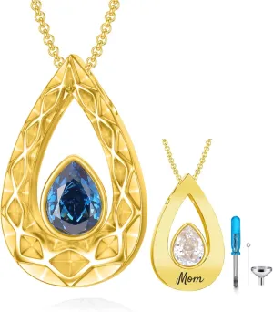 SOULMEET Crushed Ice Cut Simulated Heart Diamond Teardrop Necklace for Ashes, Custom Gold/Silver Teardrop-Shape Birthstone Urn Locket Keepsake Cremation Jewelry for Pet Human Ashes