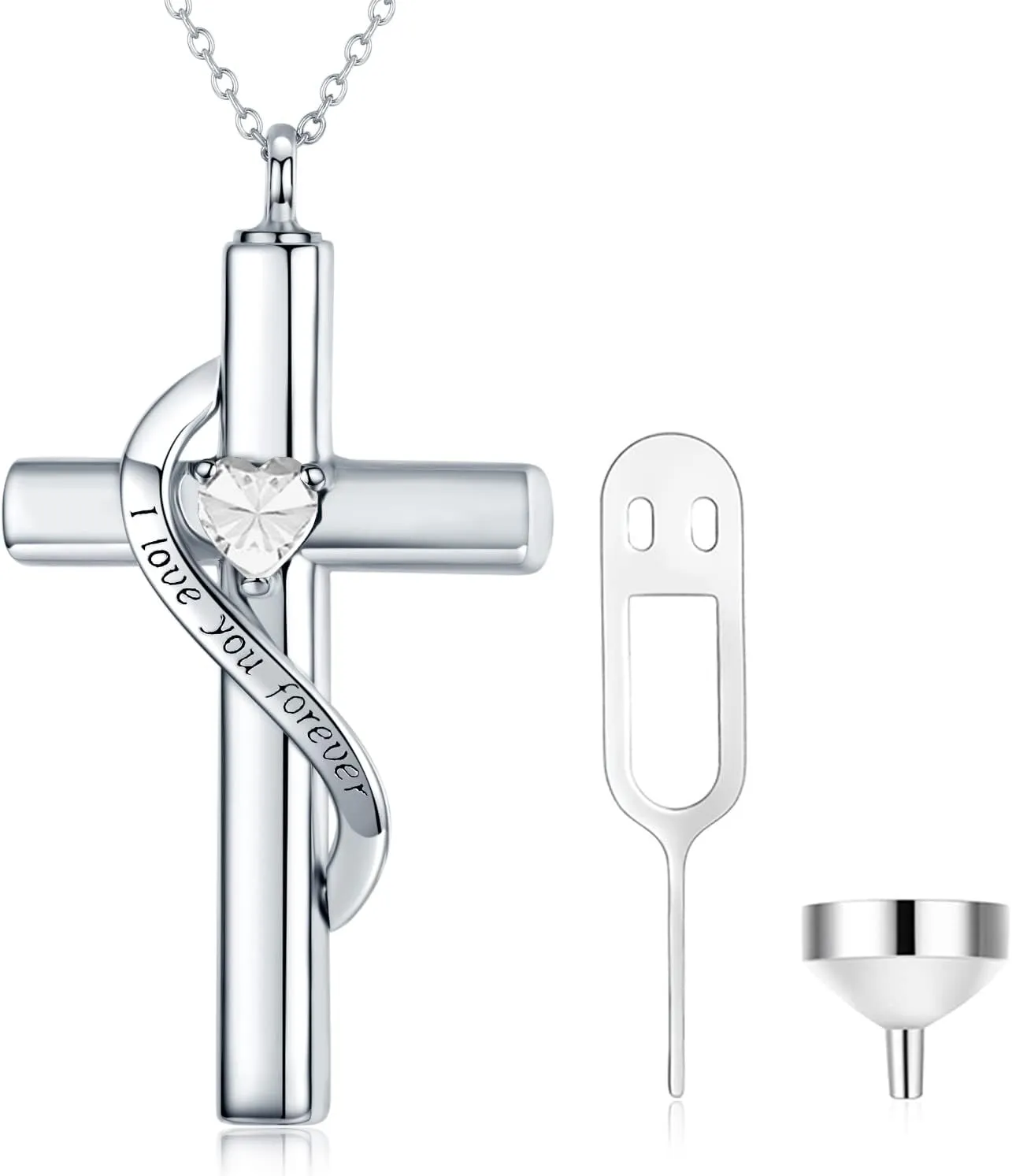 SOULMEET Crystal Cross Necklace for Ashes, Sterling Silver I Love You Forever Birthstone Cross Urn Necklaces for Ashes Keepsake Cremation Jewelry for Pet Human Ashes