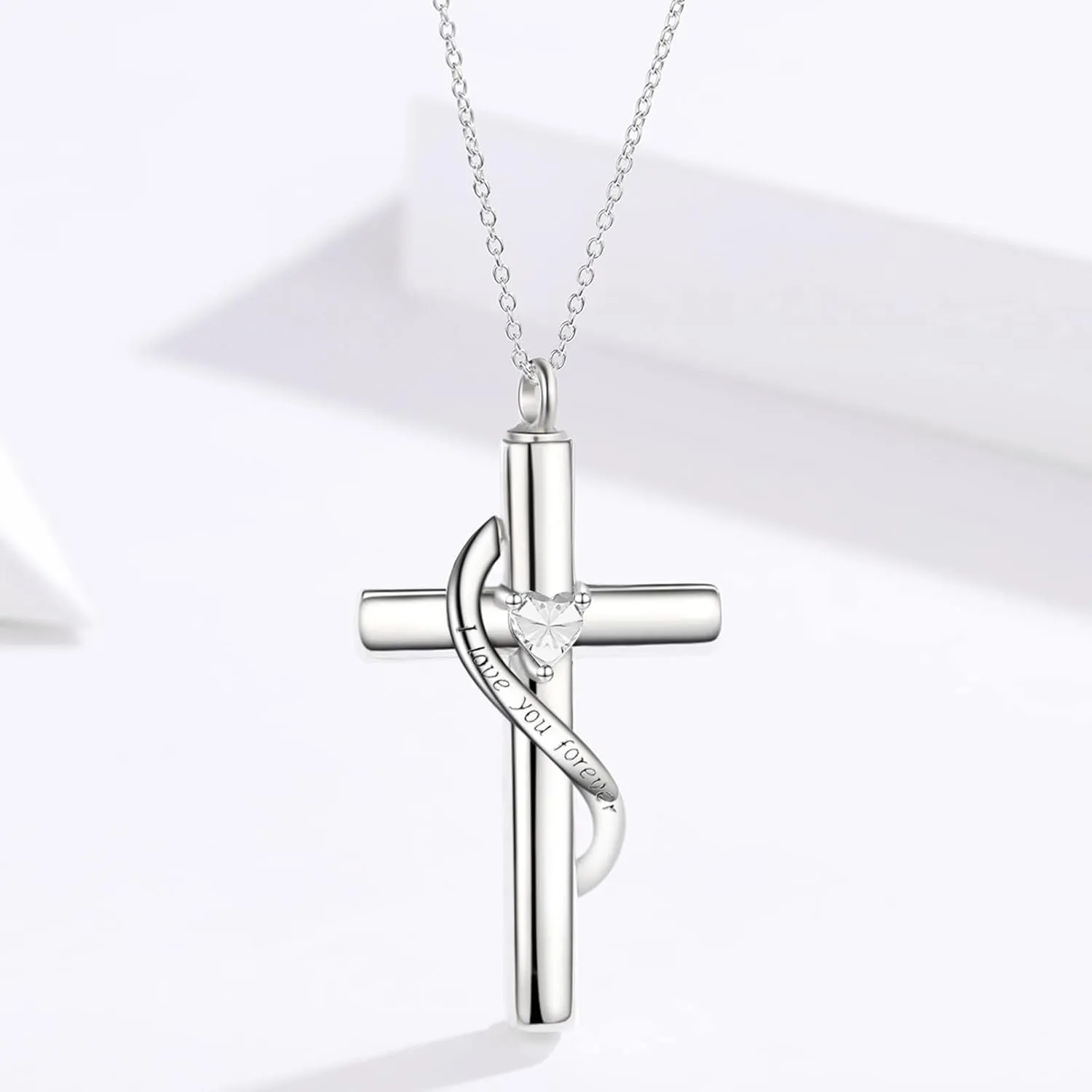 SOULMEET Crystal Cross Necklace for Ashes, Sterling Silver I Love You Forever Birthstone Cross Urn Necklaces for Ashes Keepsake Cremation Jewelry for Pet Human Ashes