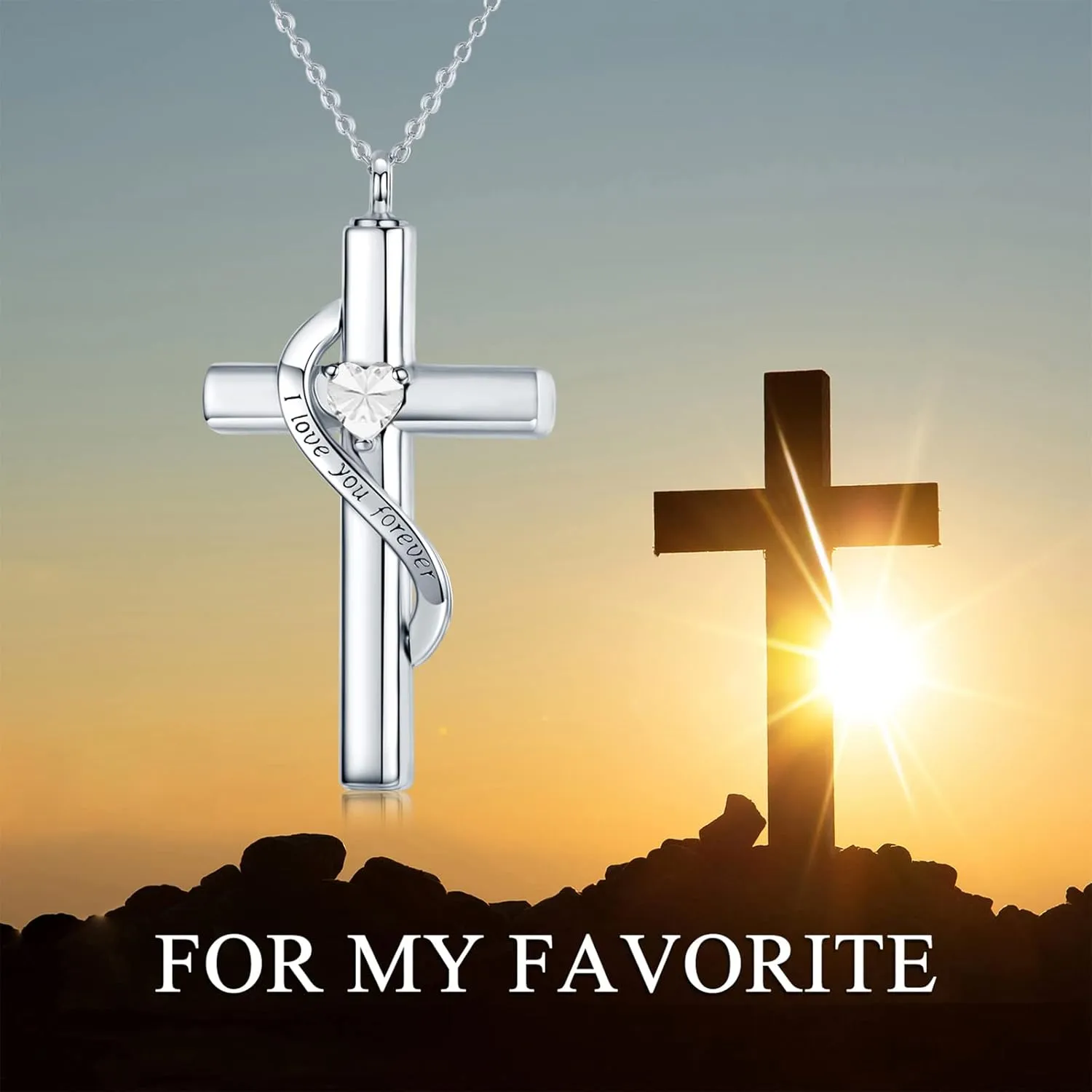 SOULMEET Crystal Cross Necklace for Ashes, Sterling Silver I Love You Forever Birthstone Cross Urn Necklaces for Ashes Keepsake Cremation Jewelry for Pet Human Ashes