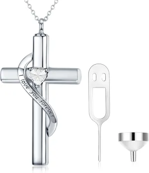 SOULMEET Crystal Cross Necklace for Ashes, Sterling Silver I Love You Forever Birthstone Cross Urn Necklaces for Ashes Keepsake Cremation Jewelry for Pet Human Ashes