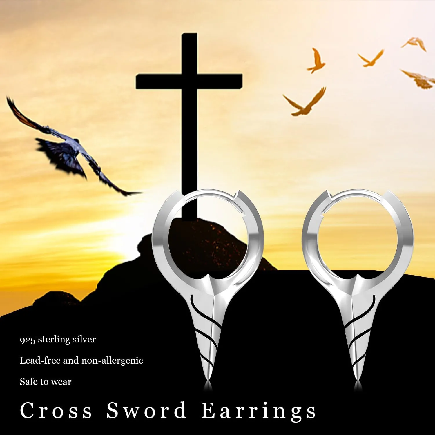 Spike Earrings 925 Sterling Silver Sword Cross Huggie Hoop Earrings Small Dagger Spike Dangle Drop Hoop Earrings Punk Jewelry Earrings for Women Men