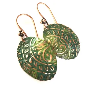 Spring Patina Green Leaves Boho Copper Earrings in by BANDANA GIRL