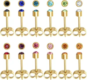 Stainless Steel Ear Piercing Stud Earrings for Piercing Guns Gold Plated Surgical Steel Round CZ Birthstone Stud Earrings Set 12 Pairs