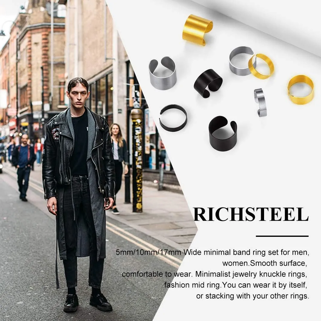 Stainless Steel Open Band Ring for Men Women 18K Gold/Black Plated Brush/Smooth Surface Rings Set Minimalist Jewelry(with Gift Box)