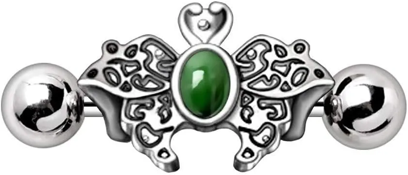 Stainless Steel Ornate Green Butterfly Cartilage Cuff Earring