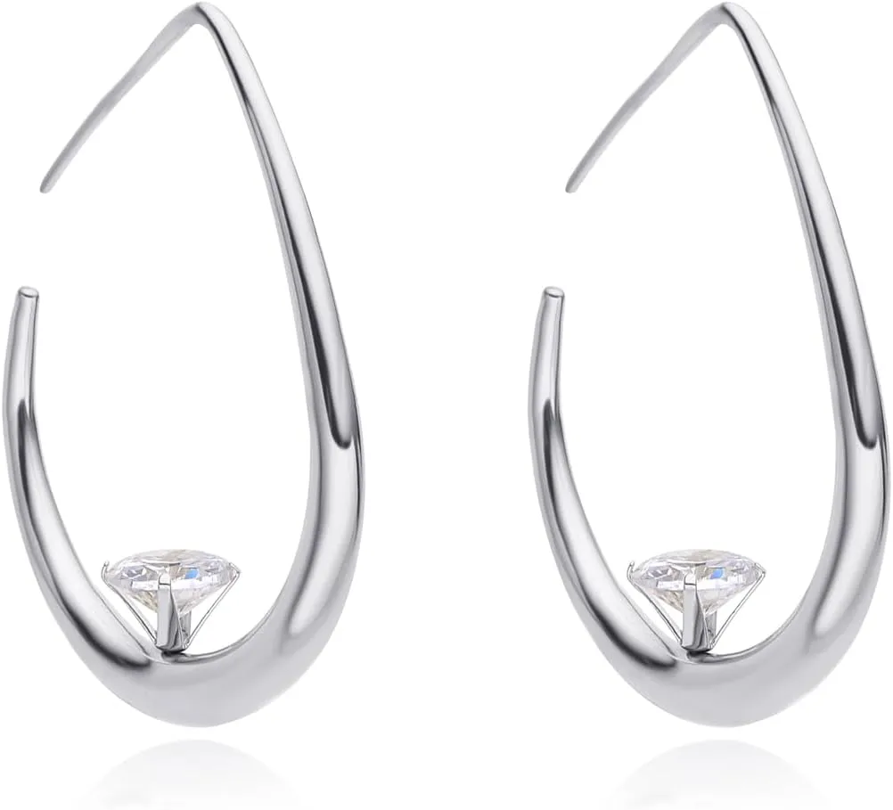 Stainless Steel Teardrop CZ Hoop Earrings for Women,14k Gold Plated Large Oval Pull Through Waterdrop Hoop Earrings Lightweight