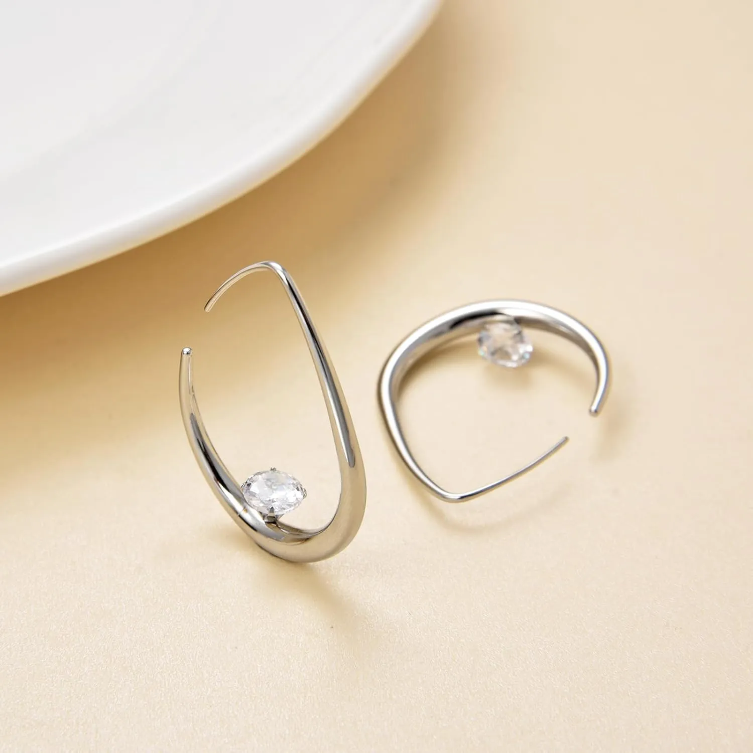 Stainless Steel Teardrop CZ Hoop Earrings for Women,14k Gold Plated Large Oval Pull Through Waterdrop Hoop Earrings Lightweight