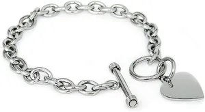 Stainless Steel Trendy Cable Chain Bracelet with Heart Charm and Toggle Clasp Closure, High Polished Finished, 7.5"