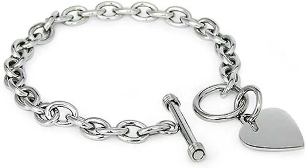 Stainless Steel Trendy Cable Chain Bracelet with Heart Charm and Toggle Clasp Closure, High Polished Finished, 7.5"