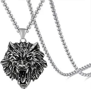 Stainless Wolf Head Necklace for Men Vintage Gothic Viking Tribal Wolf Pendant Necklace Punk Rock Animal Jewelry