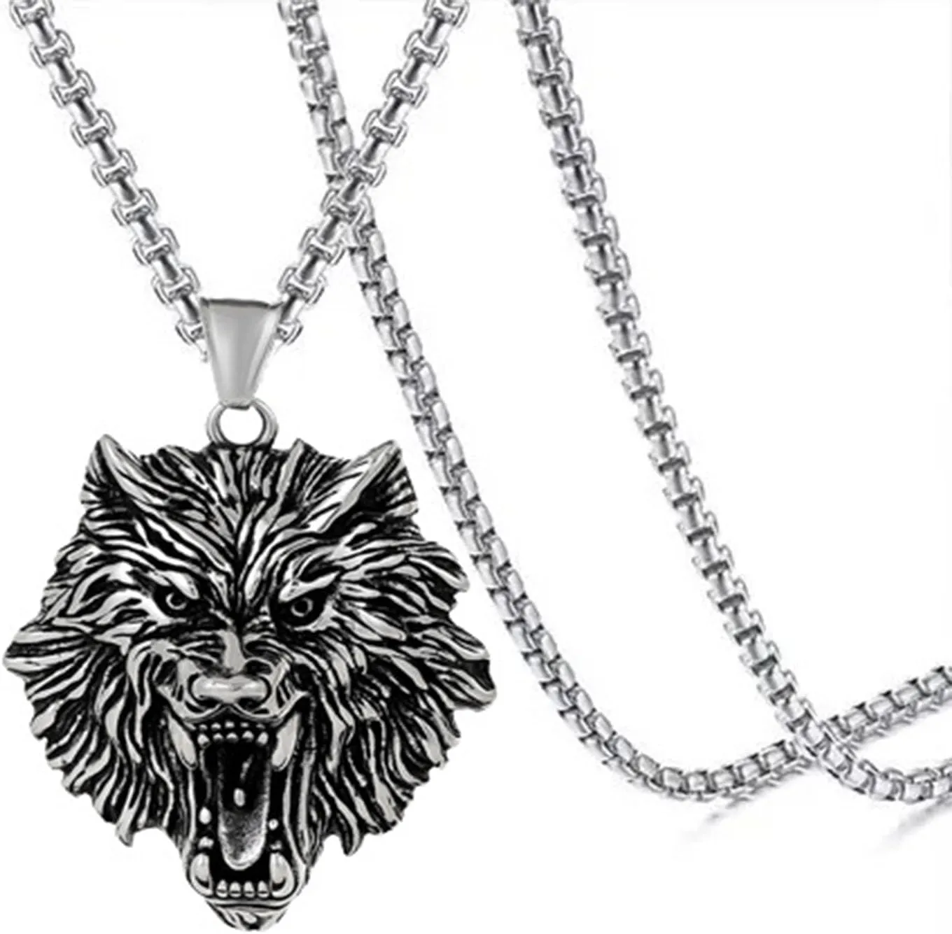 Stainless Wolf Head Necklace for Men Vintage Gothic Viking Tribal Wolf Pendant Necklace Punk Rock Animal Jewelry