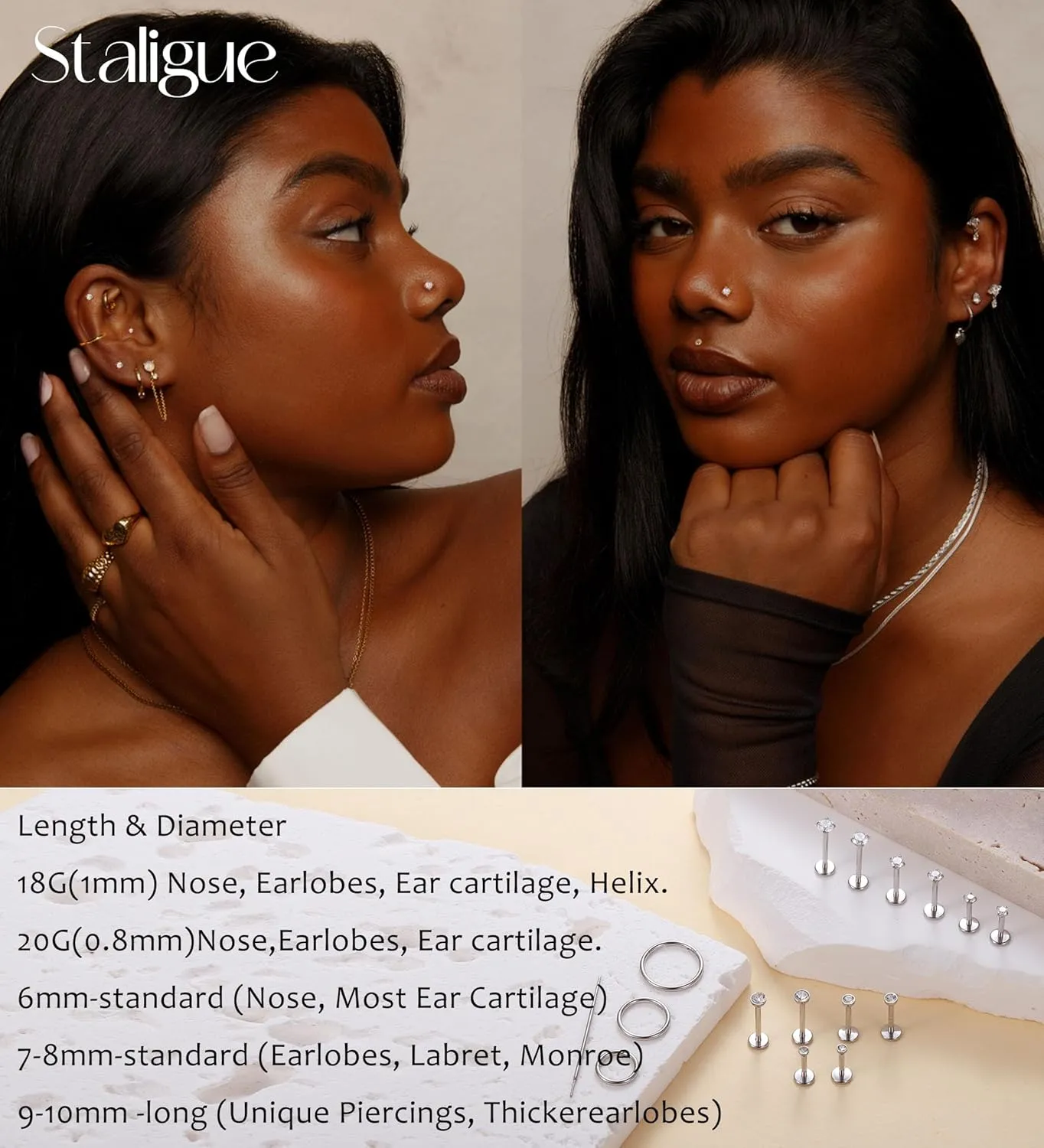 Staligue 18G/20G Threadless Nose Studs,316L Surgical Steel Push in Nose Rings Studs CZ Tragus Conch Helix piercing jewelry Flat Back Earrings Lip Labret Gold Nose Studs Monroe Medusa Piercing Jewelry
