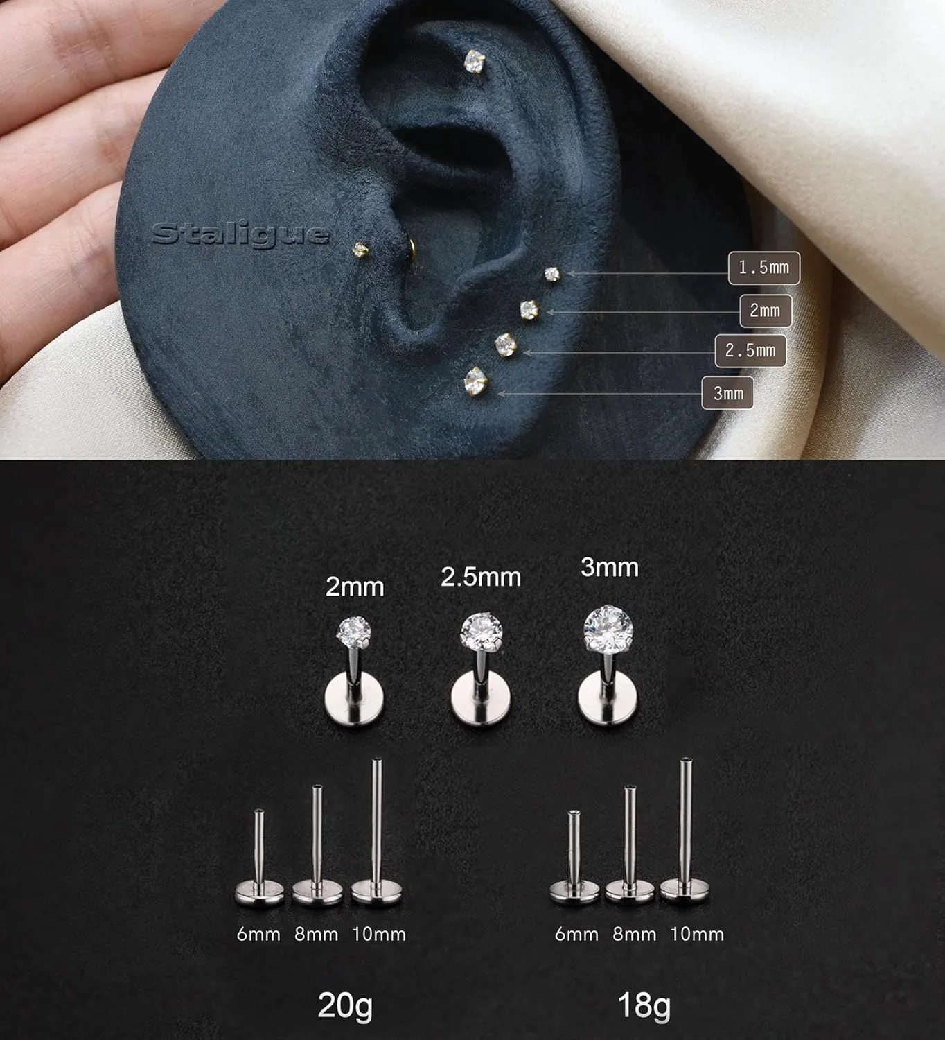 Staligue 18G/20G Threadless Nose Studs,316L Surgical Steel Push in Nose Rings Studs CZ Tragus Conch Helix piercing jewelry Flat Back Earrings Lip Labret Gold Nose Studs Monroe Medusa Piercing Jewelry
