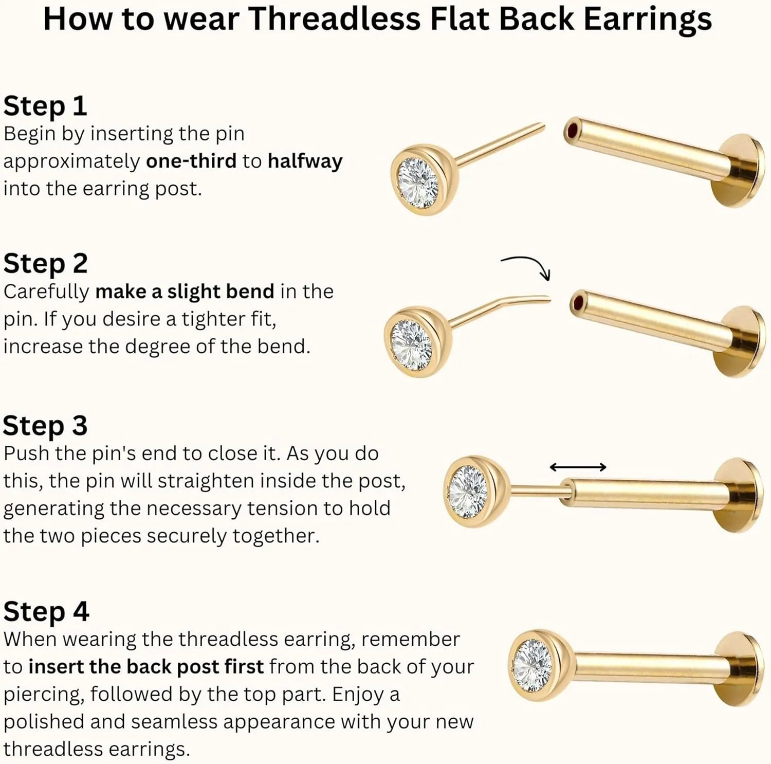 Staligue 18G/20G Threadless Nose Studs,316L Surgical Steel Push in Nose Rings Studs CZ Tragus Conch Helix piercing jewelry Flat Back Earrings Lip Labret Gold Nose Studs Monroe Medusa Piercing Jewelry