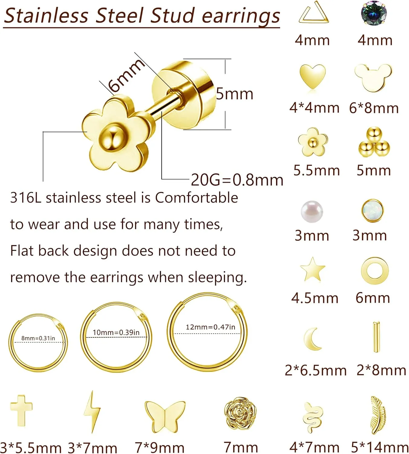 Staligue 21 Pairs Stainless Steel Earrings Set for Women Men Hypoallergenic 20G Flat Back Studs Earrings and Hoop Earrings Set Star Moon flower Snake Leaf Cartilage Piercing Earrings Jewelry Gifts