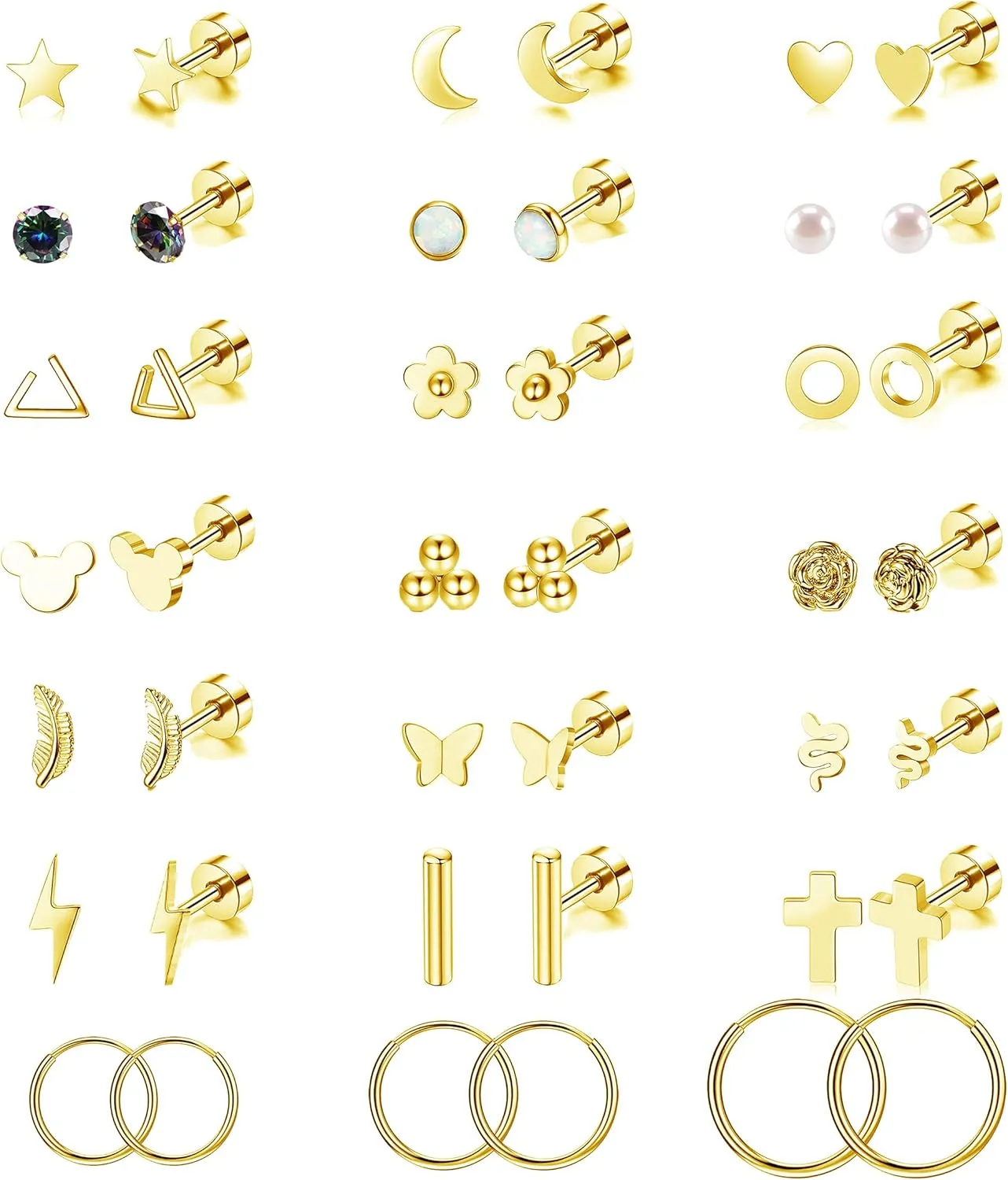 Staligue 21 Pairs Stainless Steel Earrings Set for Women Men Hypoallergenic 20G Flat Back Studs Earrings and Hoop Earrings Set Star Moon flower Snake Leaf Cartilage Piercing Earrings Jewelry Gifts