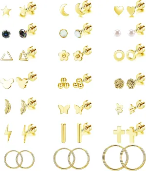Staligue 21 Pairs Stainless Steel Earrings Set for Women Men Hypoallergenic 20G Flat Back Studs Earrings and Hoop Earrings Set Star Moon flower Snake Leaf Cartilage Piercing Earrings Jewelry Gifts