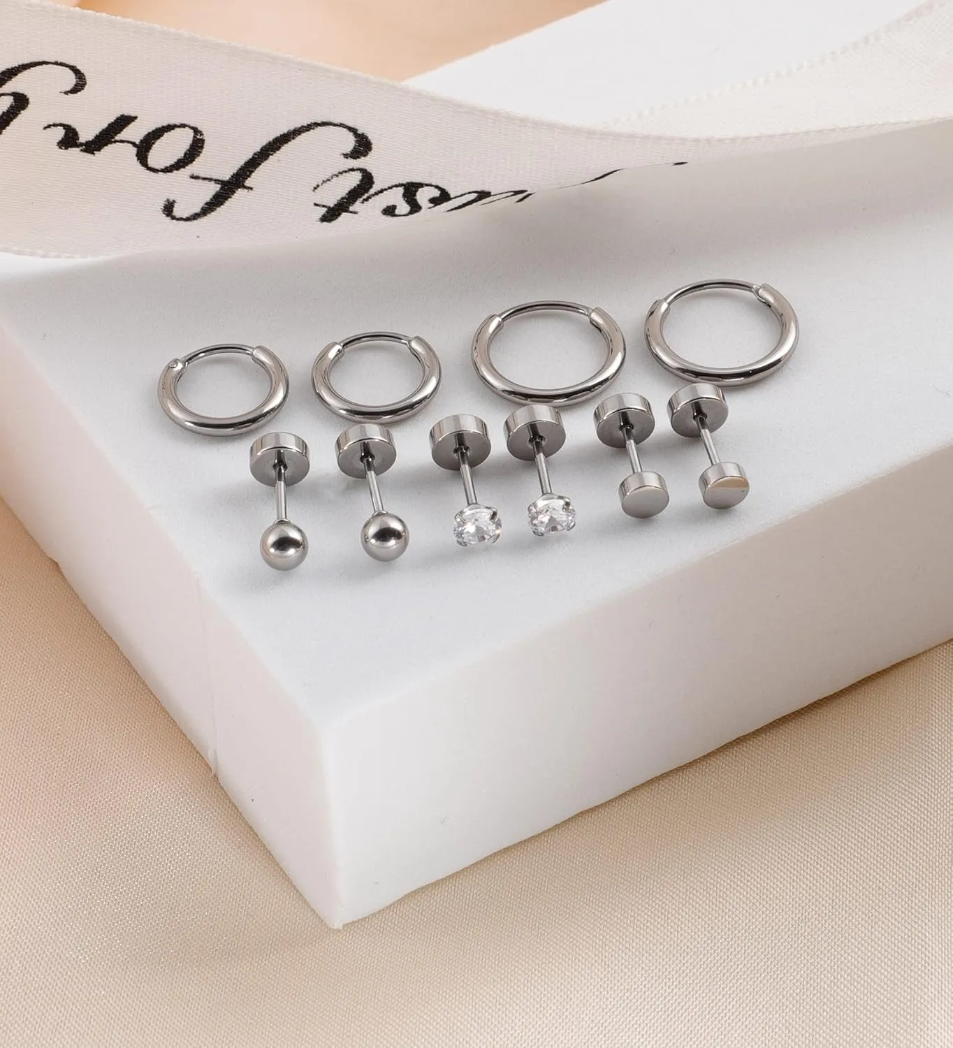 Staligue 5 Pairs Titanium Earrings - Dot Ball Cubic Zirconia 20 Gauge Pure Titanium Stud Hoop Earrings Set - Flat Back for Women