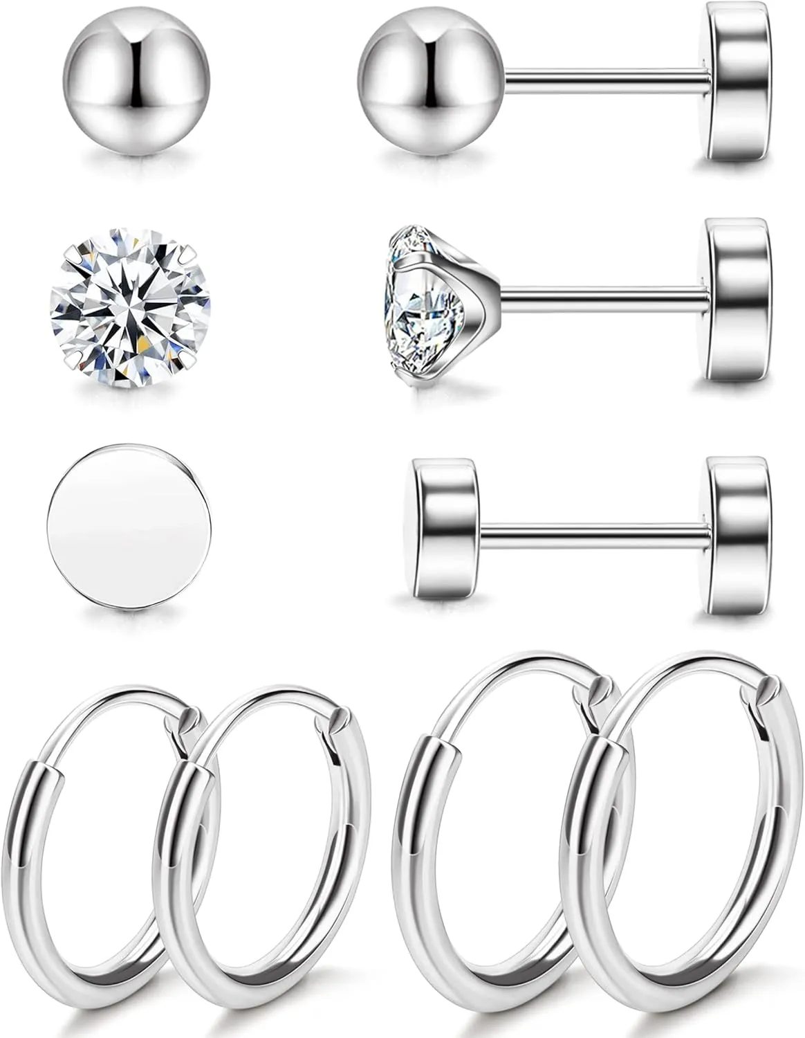 Staligue 5 Pairs Titanium Earrings - Dot Ball Cubic Zirconia 20 Gauge Pure Titanium Stud Hoop Earrings Set - Flat Back for Women