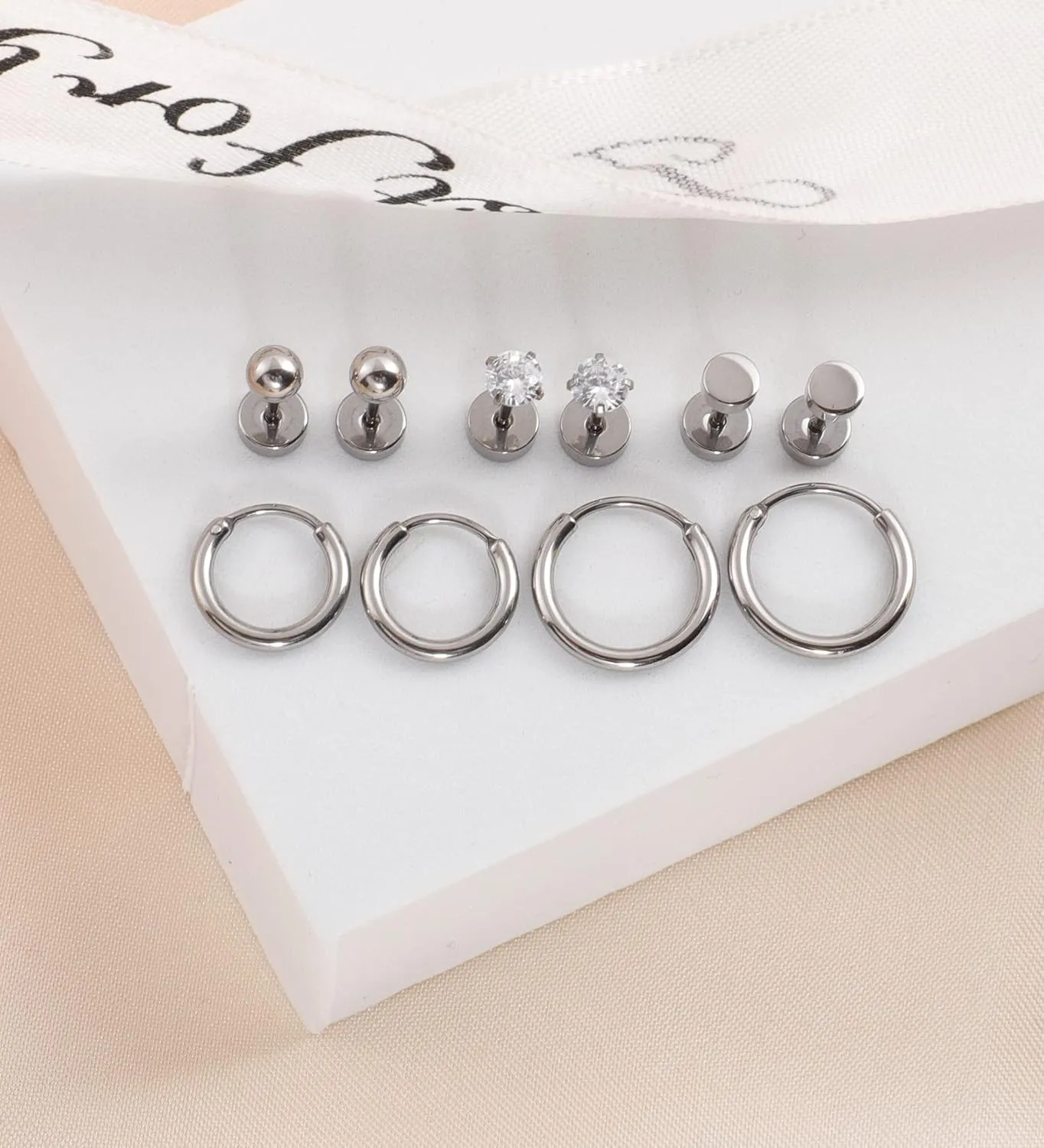 Staligue 5 Pairs Titanium Earrings - Dot Ball Cubic Zirconia 20 Gauge Pure Titanium Stud Hoop Earrings Set - Flat Back for Women