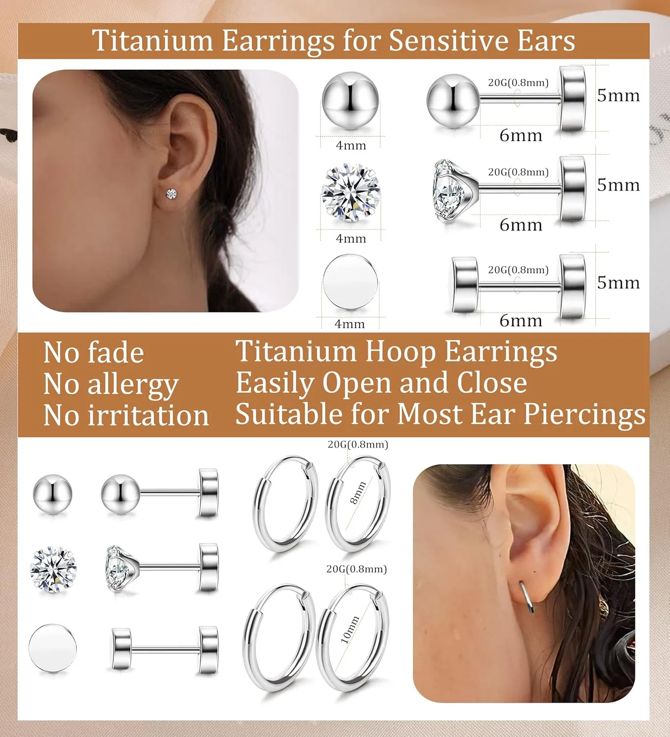 Staligue 5 Pairs Titanium Earrings - Dot Ball Cubic Zirconia 20 Gauge Pure Titanium Stud Hoop Earrings Set - Flat Back for Women