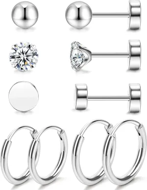 Staligue 5 Pairs Titanium Earrings - Dot Ball Cubic Zirconia 20 Gauge Pure Titanium Stud Hoop Earrings Set - Flat Back for Women