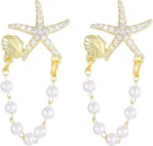 Starfish Earrings for Women Pearl Shell Earrings Gold Shell Starfish Earrings Summer Earrings Ocean Beach Jewelry for Women