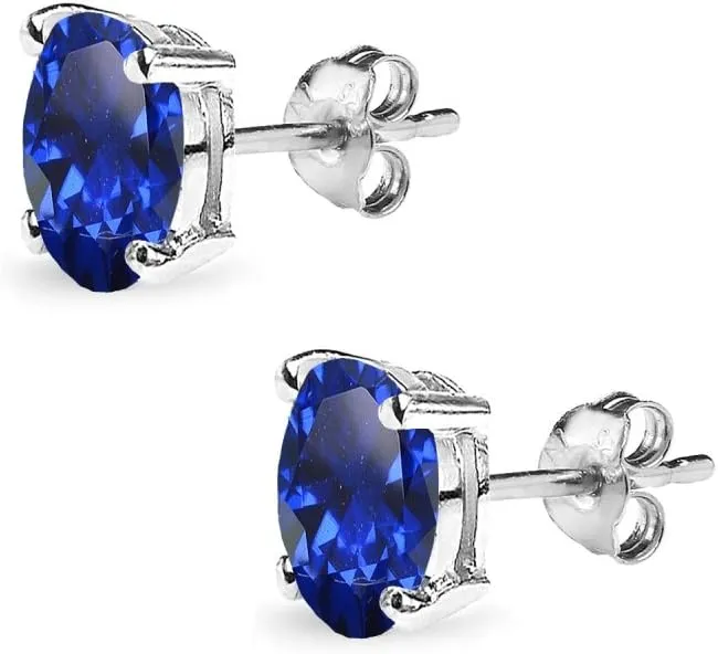 Sterling Silver Created Blue Sapphire Oval-Cut Solitaire Stud Earrings for Women