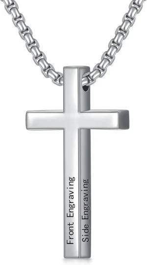 Sterling Silver Cross Necklace for Men Women Personalized Customized Sterling Silver MenCross Pendant for Men Women Engraved Crucifix Cross Necklace Father's Day Gift Husband Boyfriend