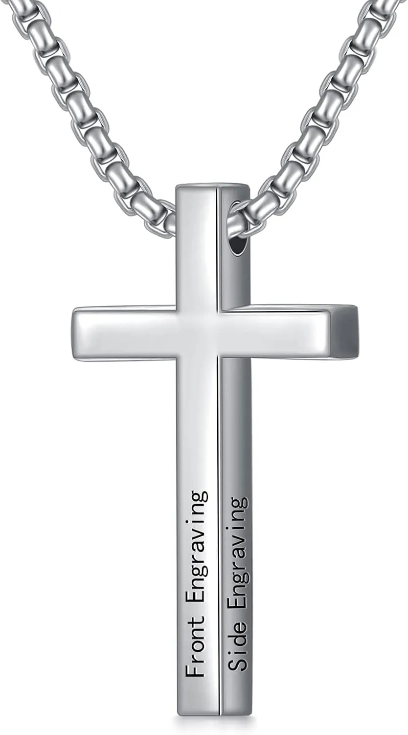 Sterling Silver Cross Necklace for Men Women Personalized Customized Sterling Silver MenCross Pendant for Men Women Engraved Crucifix Cross Necklace Father's Day Gift Husband Boyfriend